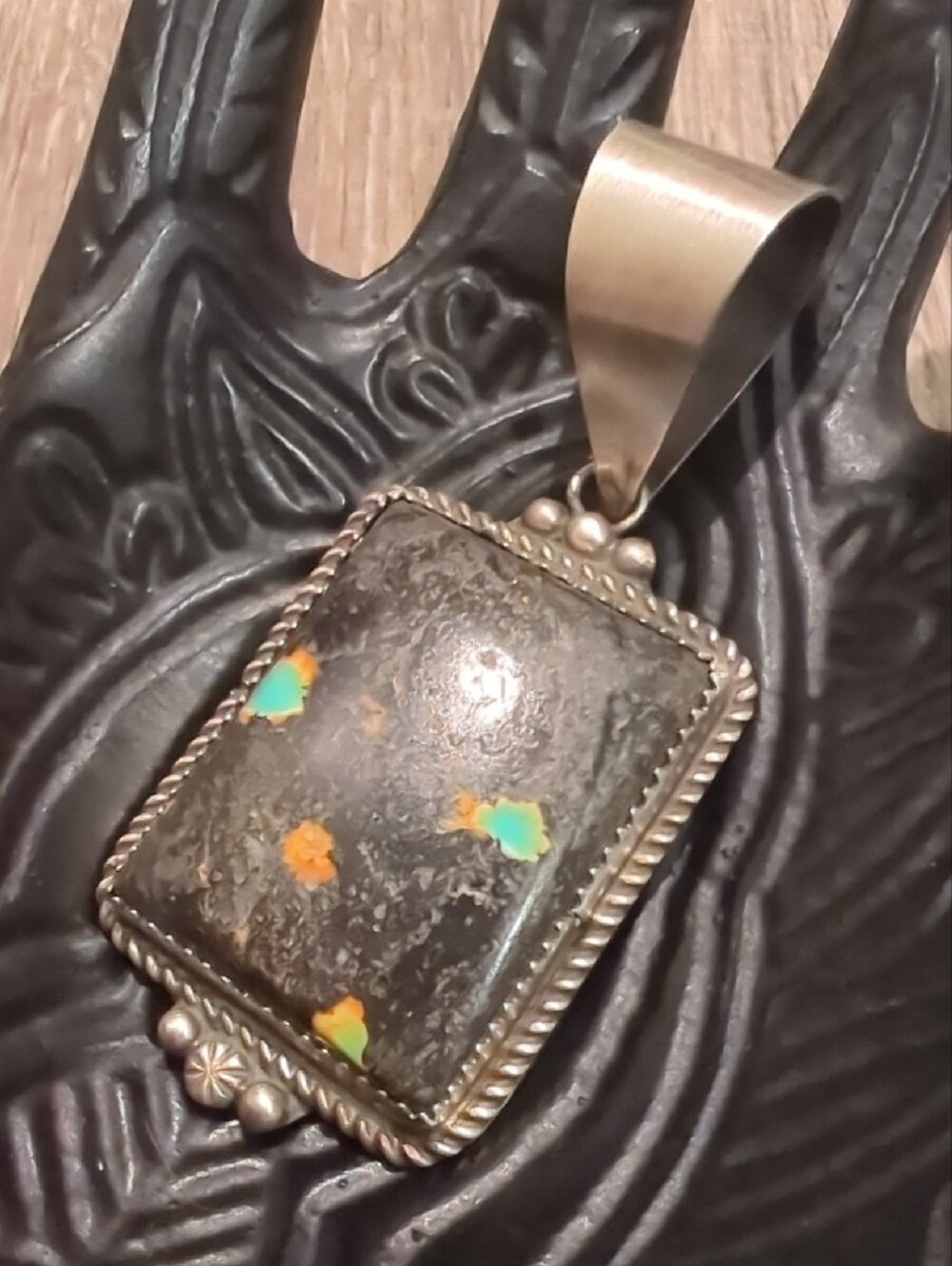 Navajo Blackjack Turquoise Sterling Silver Pendant - Picture 3 of 10